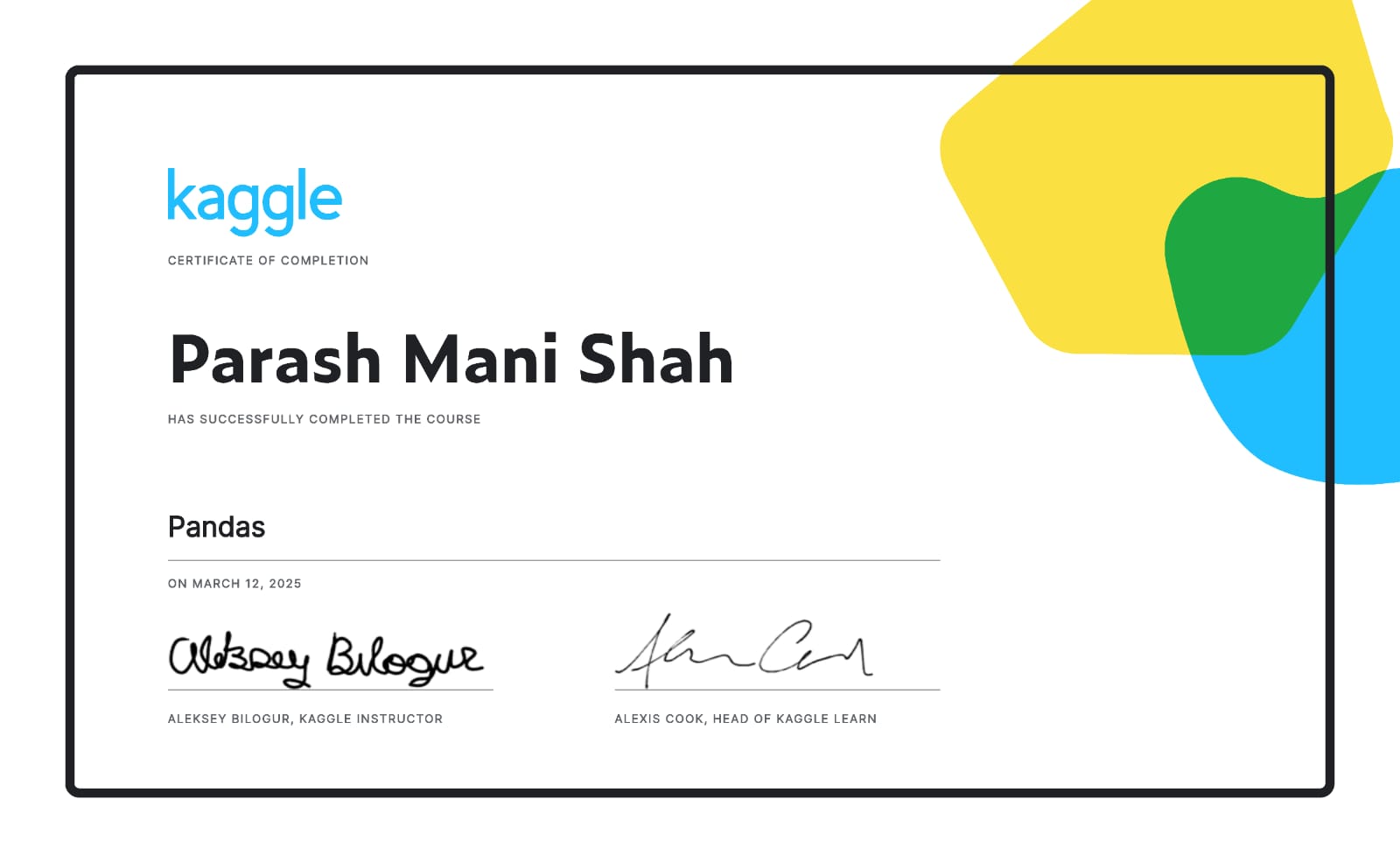 Kaggle Pandas Certificate